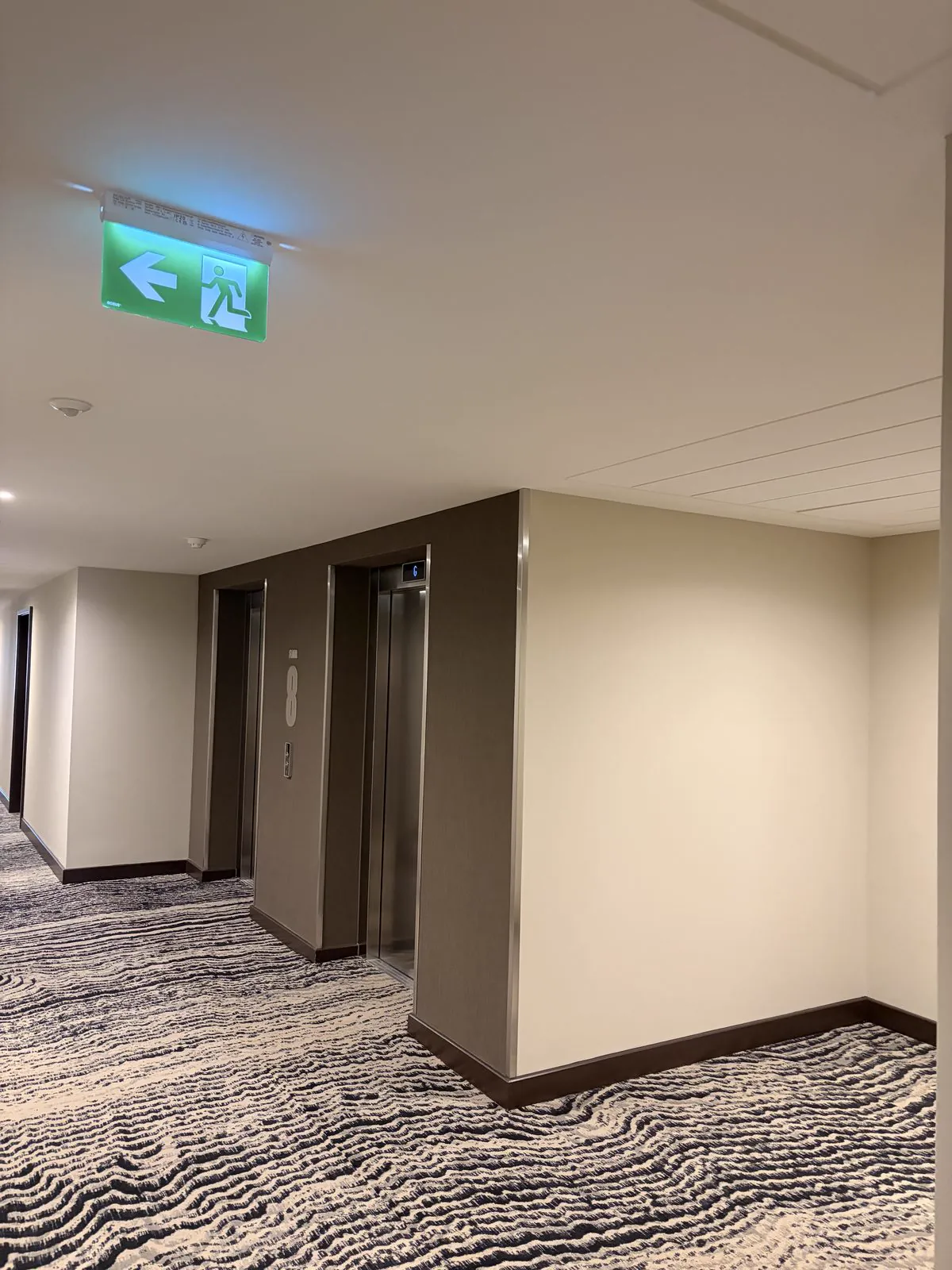 Lift lobby with two lift doors, decorated walls and patterned carpet running through.