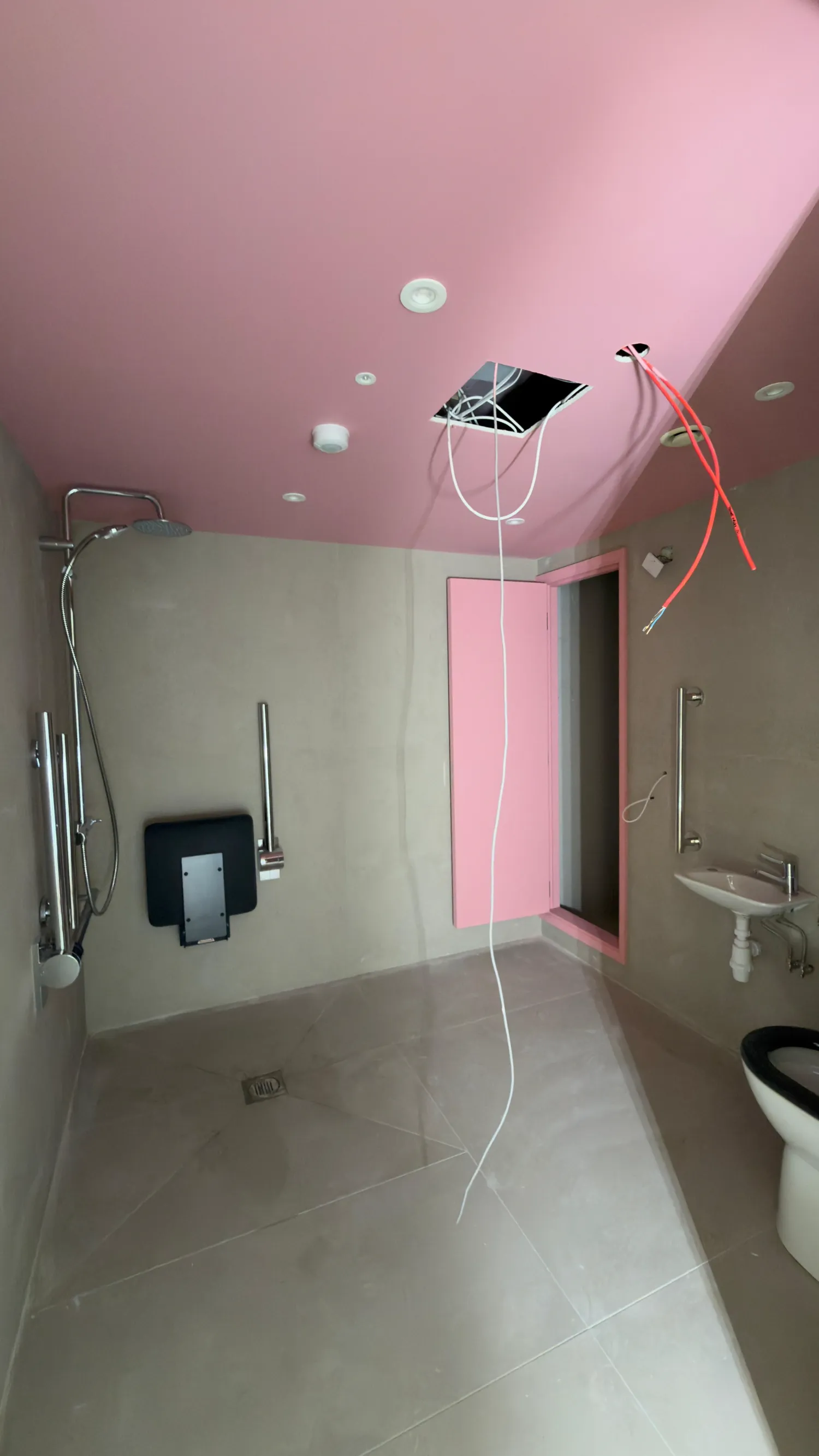 Accessible WC with a pink ceiling and door, grey walls, large-format floor tiling and grab rails.